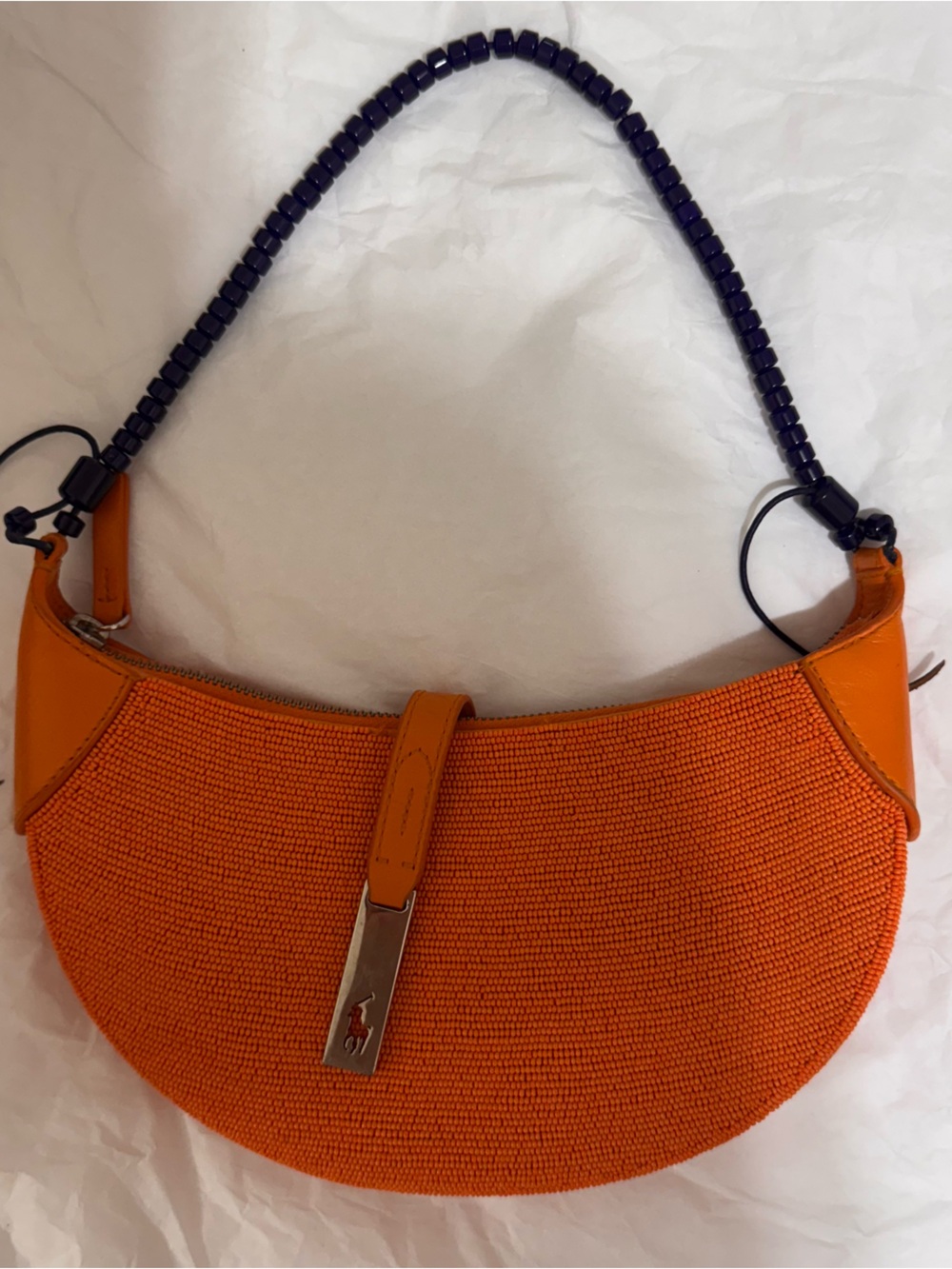 Polo by Ralph Lauren Orange Crescent Shoulder Bag with Beaded Strap, polo ID bag
